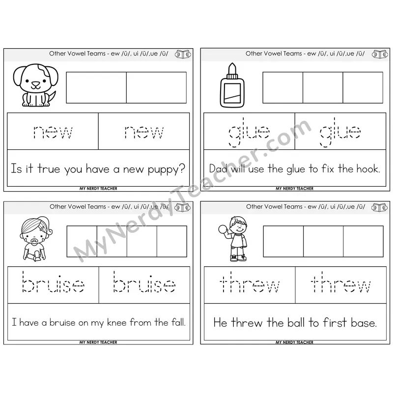 Long U (ew, ui, ue) Graph Trace Read Task Cards — Decodable Sentences