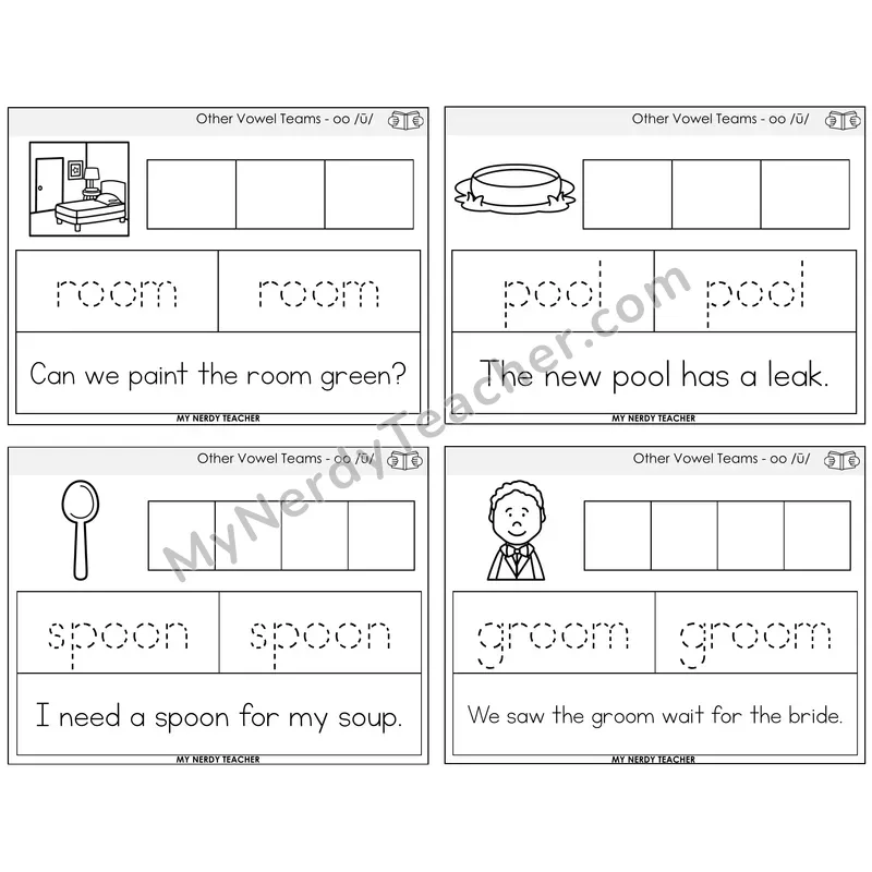 Long OO (/ū/) Graph Trace Read Task Cards — Decodable Sentences
