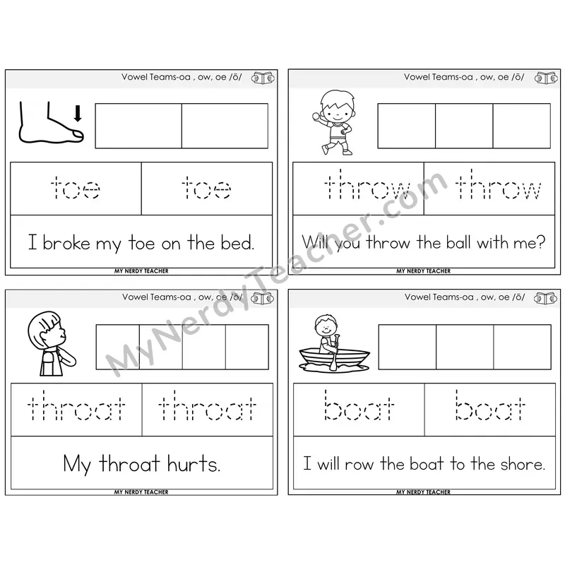 Long O Vowel Teams (oa, ow, oe) Graph Trace Read Task Cards — Decodable Sentences