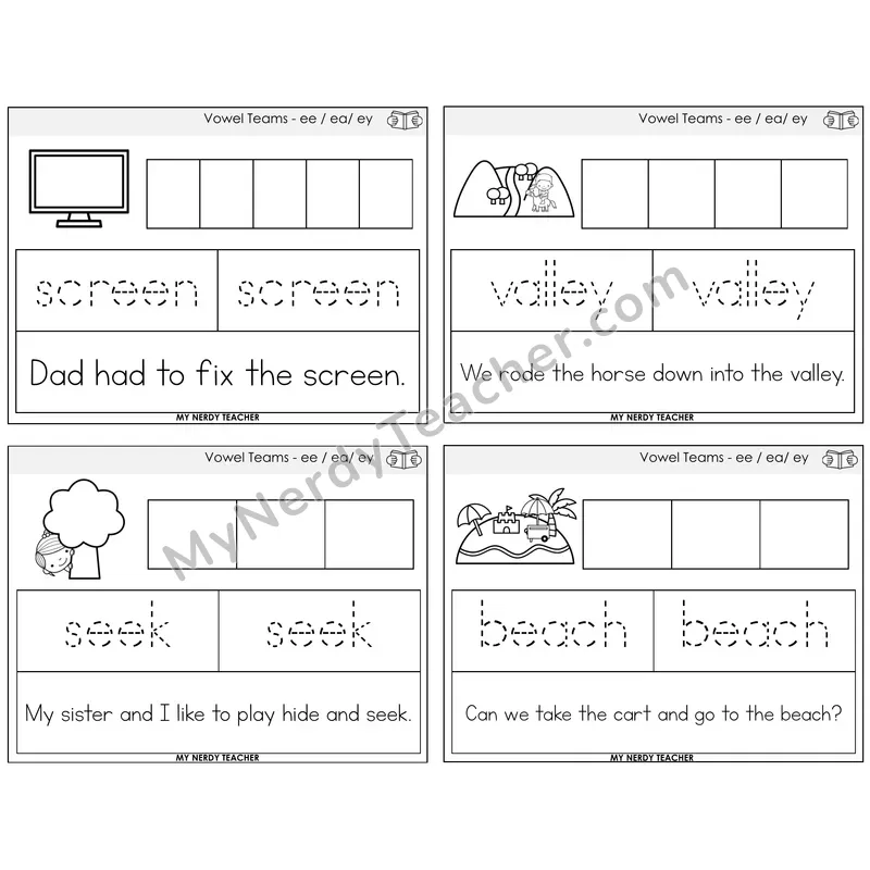 Long E Vowel Teams (ee, ea, ey) Graph Trace Read Task Cards — Decodable Sentences