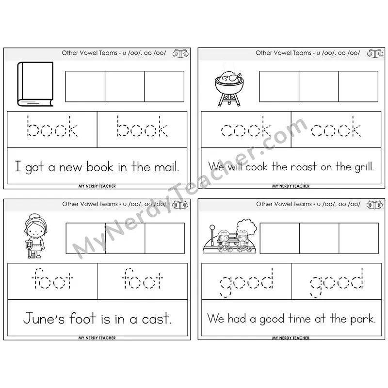 Short OO and U (/oo/) Graph Trace Read Task Cards — Decodable Sentences