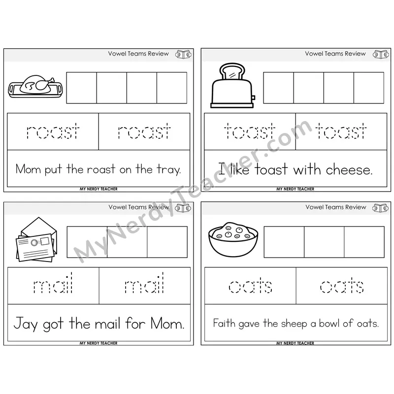 Long Vowel Teams Review Graph Trace Read Task Cards — Decodable Sentences