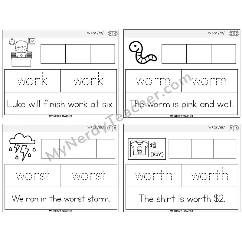 W+OR spelling /er/ Graph Trace Read Task Cards — Decodable Sentences