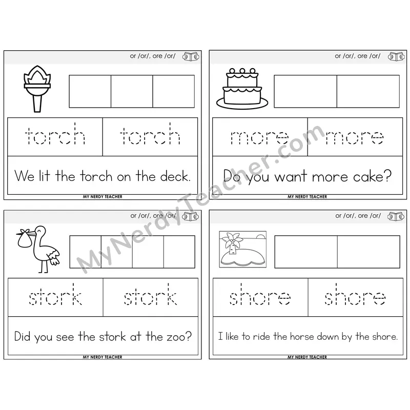 R-Controlled OR and ORE Graph Trace Read Task Cards — Decodable Sentences