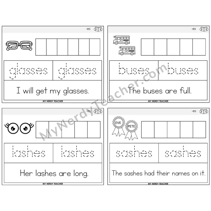 Suffix -es (Inflectional) Graph Trace Read Task Cards — Decodable Sentences