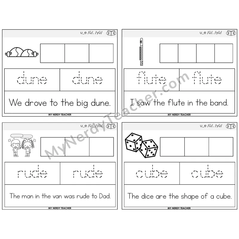 Long U VCe (u_e) Graph Trace Read Task Cards — Decodable Sentences