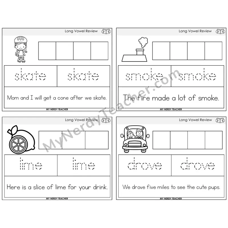 Long Vowels Review Graph Trace Read Task Cards — Decodable Sentences