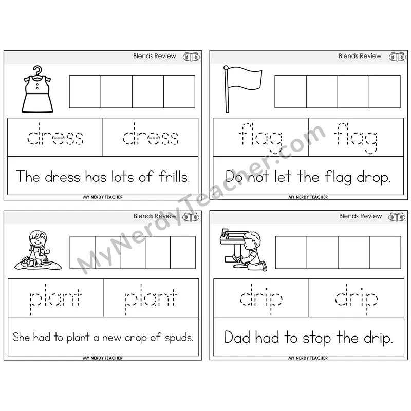 Blends Review Graph Trace Read Task Cards — Decodable Sentences