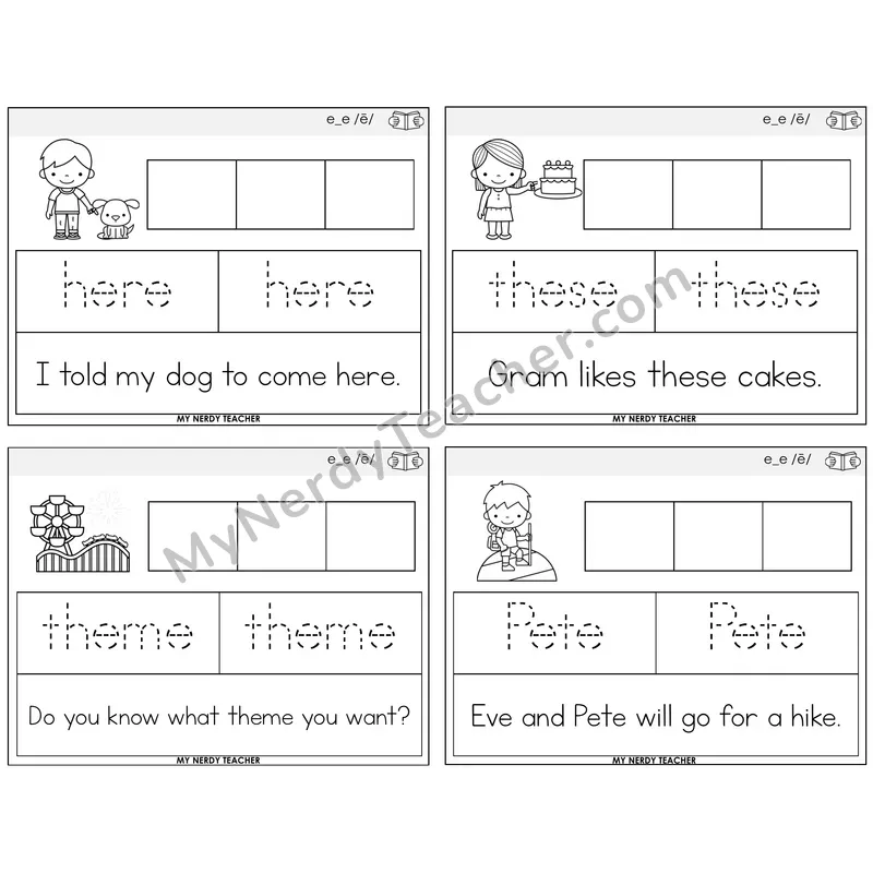 Long E VCe (e_e) Graph Trace Read Task Cards — Decodable Sentences