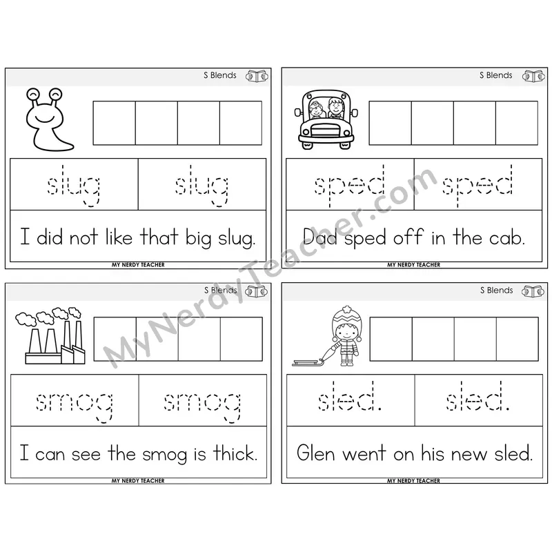 S Blends Graph Trace Read Task Cards — Decodable Sentences