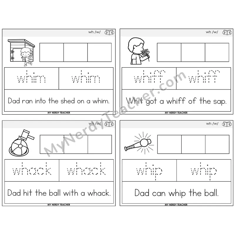 WH Digraph Graph Trace Read Task Cards — Decodable Sentences