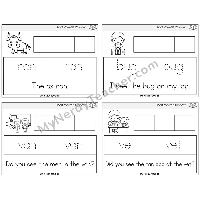 Short Vowels Review Graph Trace Read Task Cards — Decodable Sentences