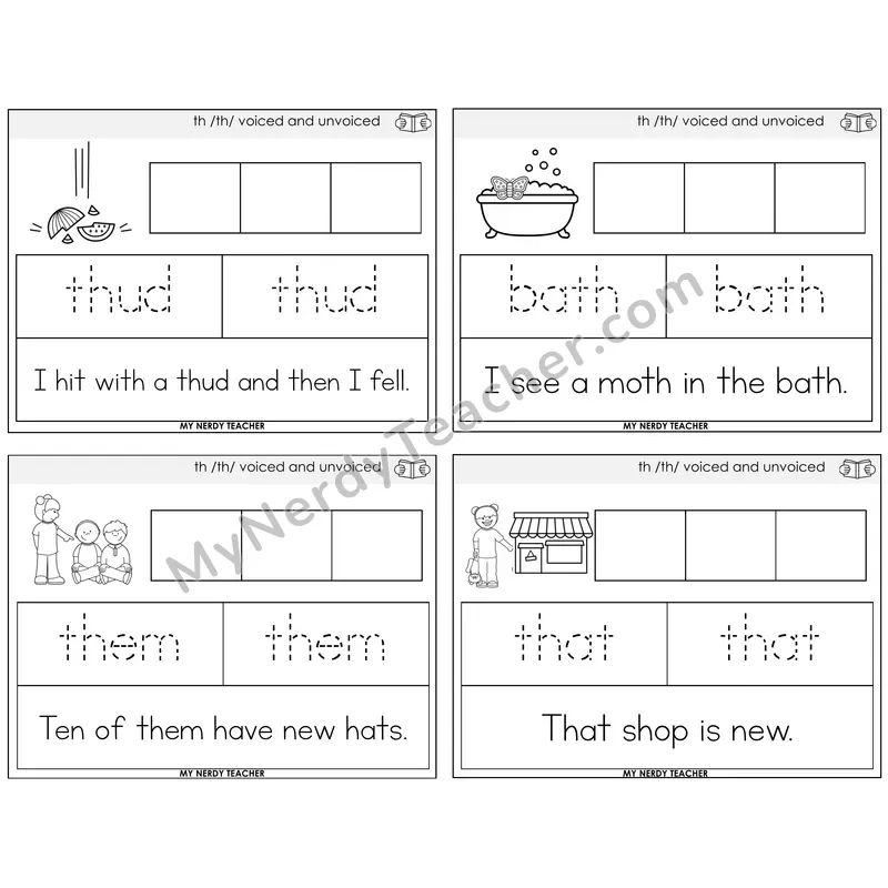 TH Digraph (Voiced + Unvoiced) Graph Trace Read Task Cards — Decodable Sentences