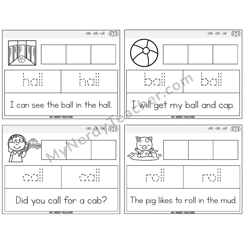 All, Oll, Ull Graph Trace Read Task Cards — Decodable Sentences