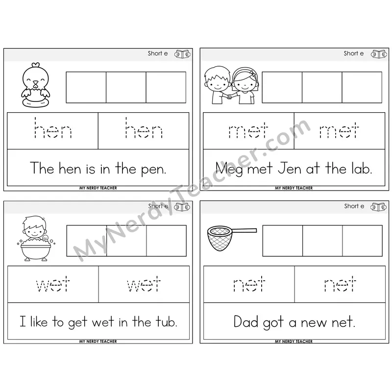 Short E Graph Trace Read Task Cards — Decodable Sentences