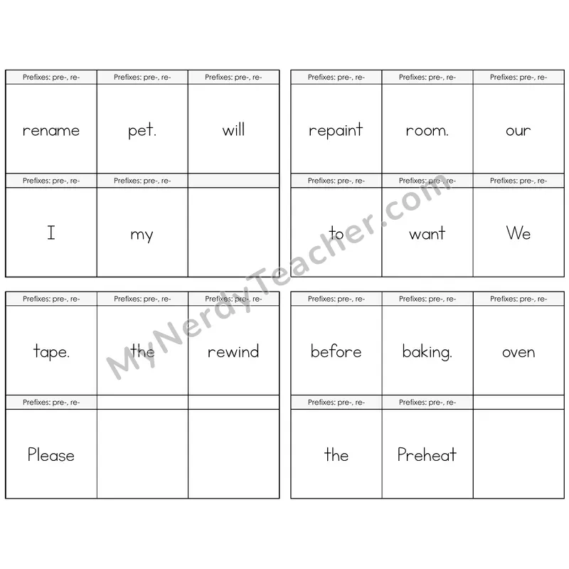 Prefixes pre- and re- Build the Sentence Task Cards — Decodable Sentences