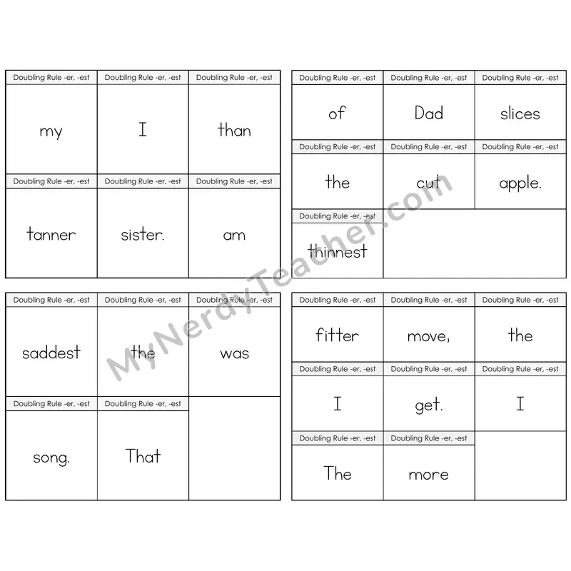 Doubling Rule -er, -est Build the Sentence Task Cards — Decodable Sentences