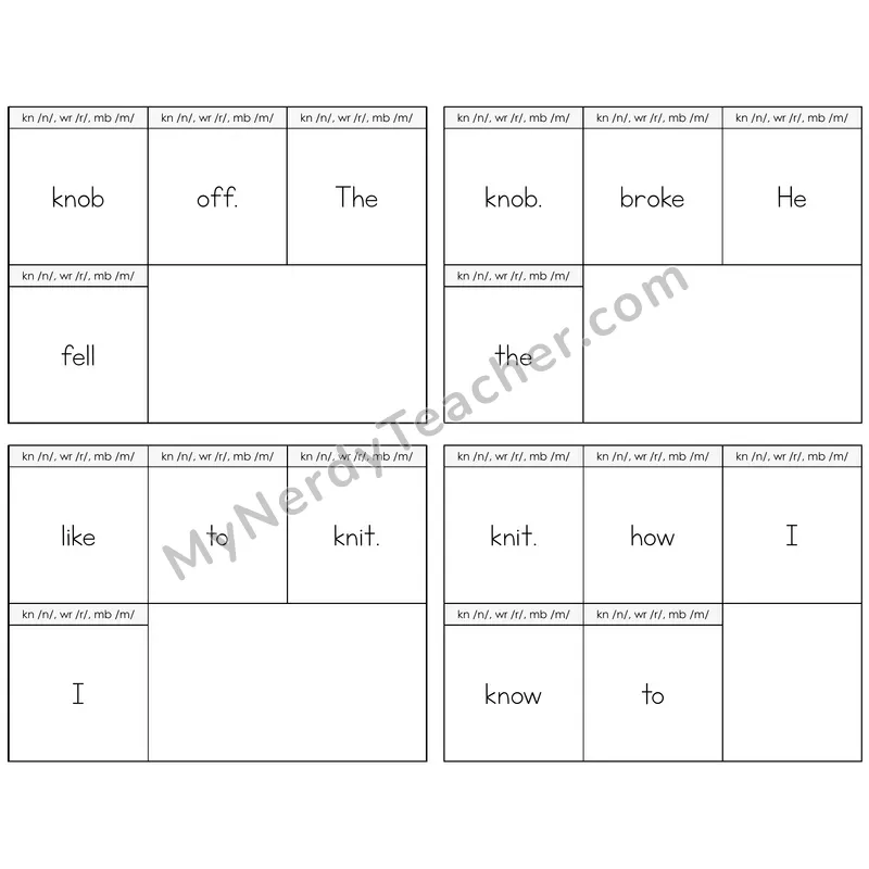 Silent Letters (kn, wr, mb) Build the Sentence Task Cards — Decodable Sentences
