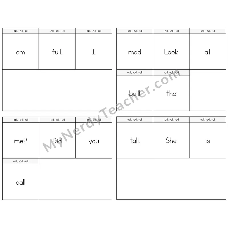 All, Oll, Ull Build the Sentence Task Cards — Decodable Sentences