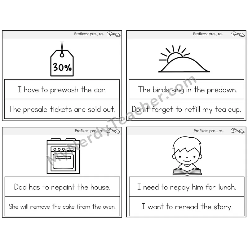 Prefixes pre- and re- Circle the Sentence Task Cards — Decodable Sentences