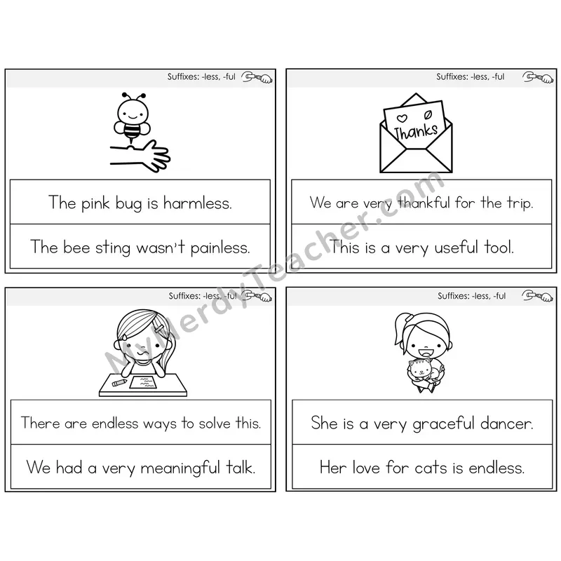 Suffixes -less and -ful Circle the Sentence Task Cards — Decodable Sentences