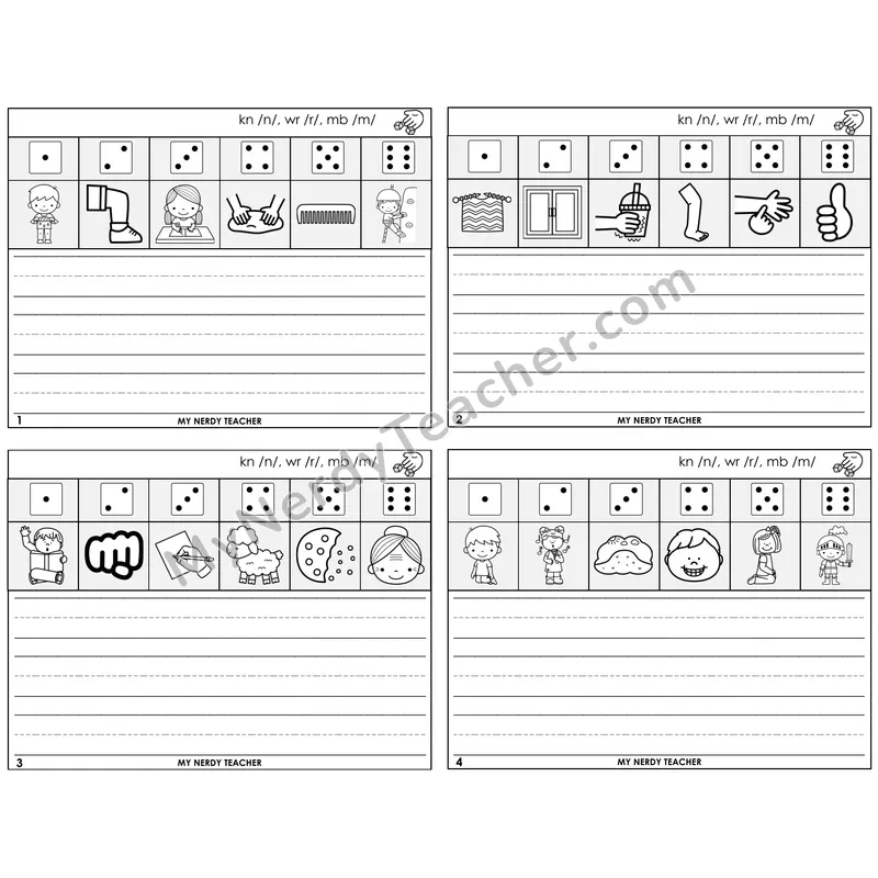 Silent Letters (kn, wr, mb) Roll Say and Write Task Cards — Decodable Sentences