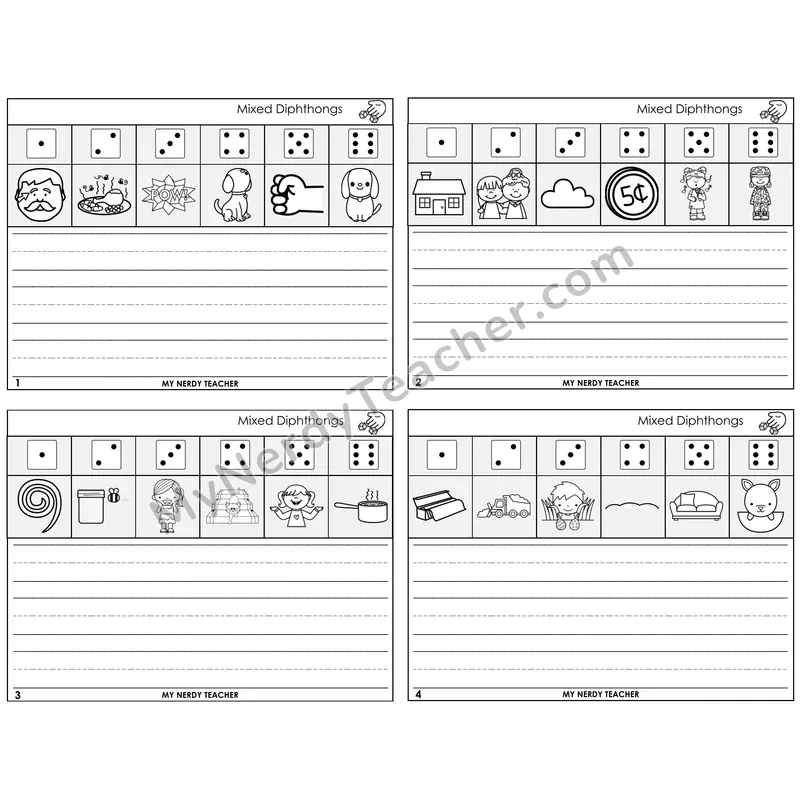 Mixed Diphthongs Roll Say and Write Task Cards — Decodable Sentences