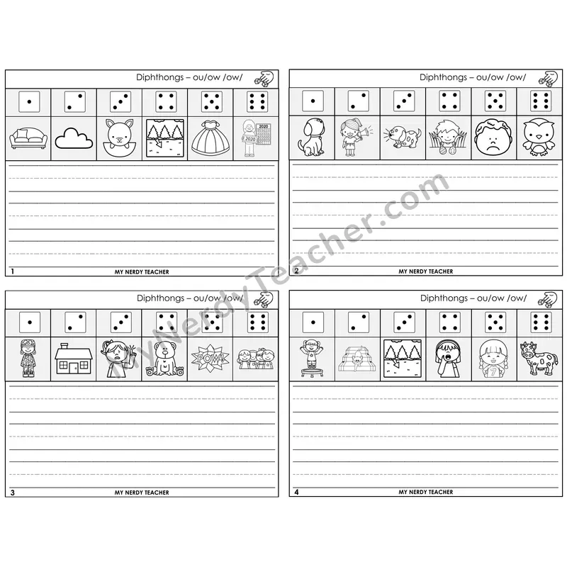 Diphthong OU and OW Roll Say and Write Task Cards — Decodable Sentences