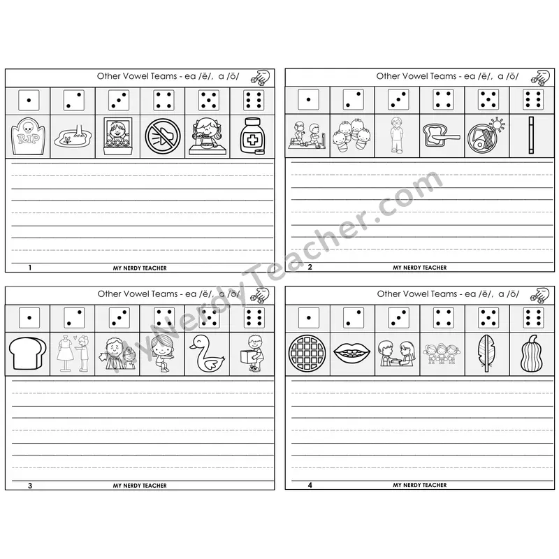 EA (short e) and A (short o) Roll Say and Write Task Cards — Decodable Sentences