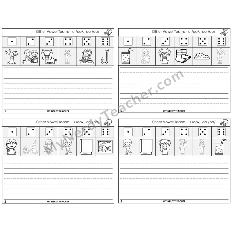 Short OO and U (/oo/) Roll Say and Write Task Cards — Decodable Sentences
