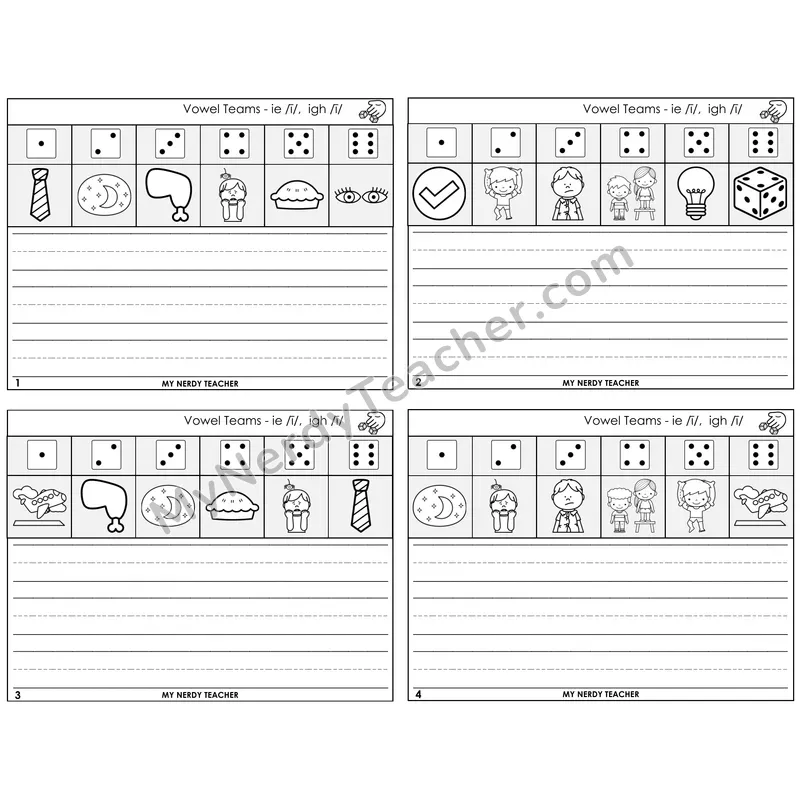 Long I Vowel Teams (ie, igh) Roll Say and Write Task Cards — Decodable Sentences
