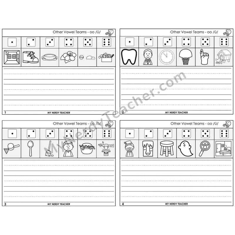 Long OO (/ū/) Roll Say and Write Task Cards — Decodable Sentences