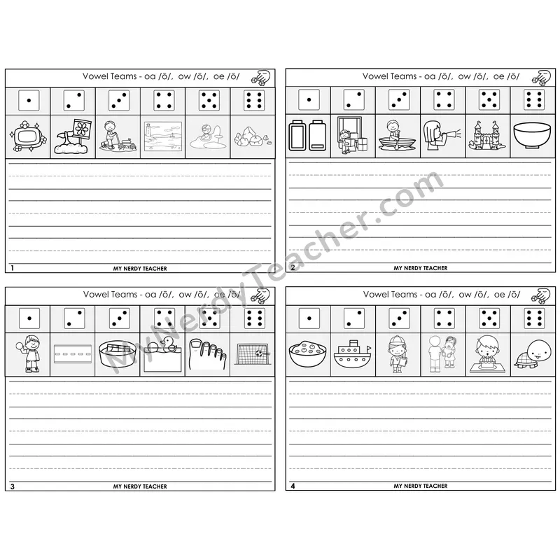 Long O Vowel Teams (oa, ow, oe) Roll Say and Write Task Cards — Decodable Sentences
