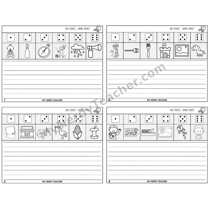R-Controlled OR and ORE Roll Say and Write Task Cards — Decodable Sentences