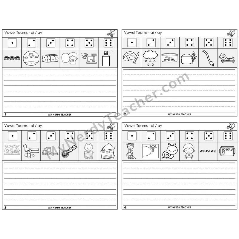 Long A Vowel Teams (ai, ay) Roll Say and Write Task Cards — Decodable Sentences