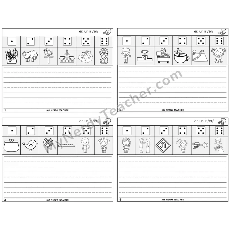 R-Controlled ER, UR, IR Roll Say and Write Task Cards — Decodable Sentences