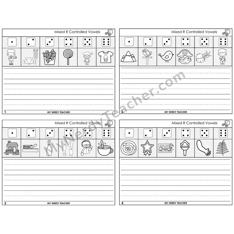 Mixed R-Controlled Vowels Roll Say and Write Task Cards — Decodable Sentences