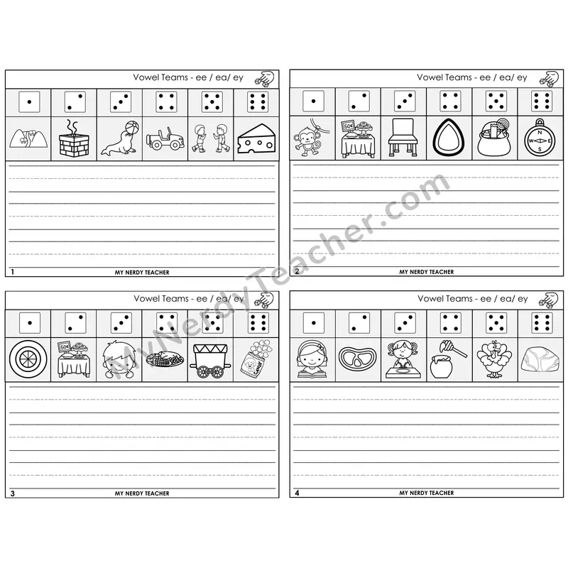 Long E Vowel Teams (ee, ea, ey) Roll Say and Write Task Cards — Decodable Sentences