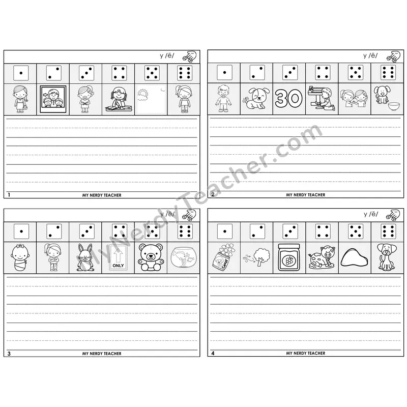 Y as Long E Roll Say and Write Task Cards — Decodable Sentences