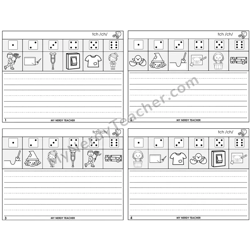 TCH Trigraph Roll Say and Write Task Cards — Decodable Sentences