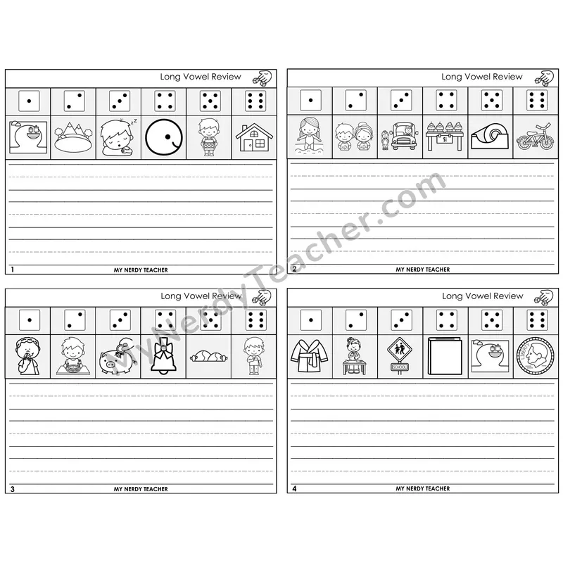 Long Vowels Review Roll Say and Write Task Cards — Decodable Sentences