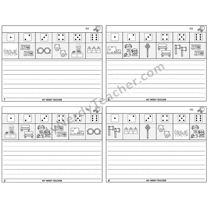 Suffix -es (Inflectional) Roll Say and Write Task Cards — Decodable Sentences