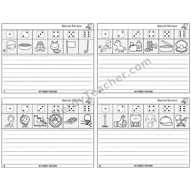 Blends Review Roll Say and Write Task Cards — Decodable Sentences