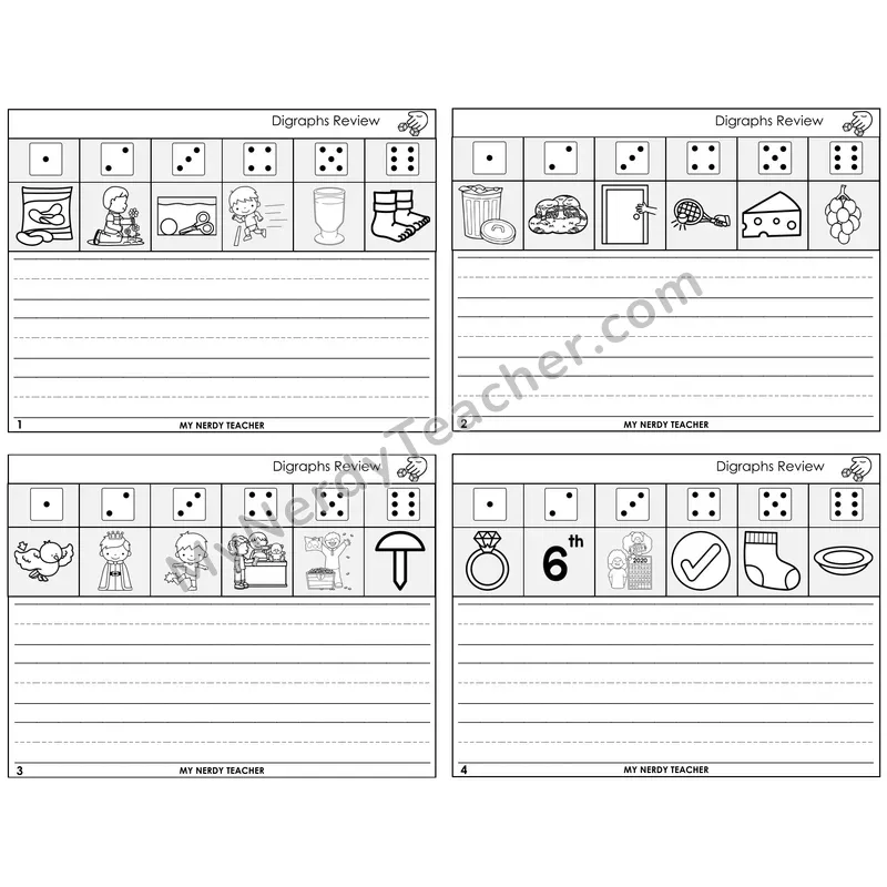 Digraphs Review Roll Say and Write Task Cards — Decodable Sentences