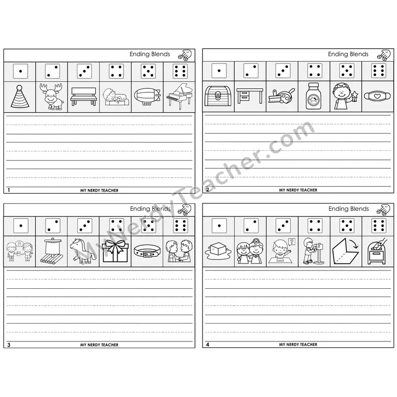 Ending Blends Roll Say and Write Task Cards — Decodable Sentences