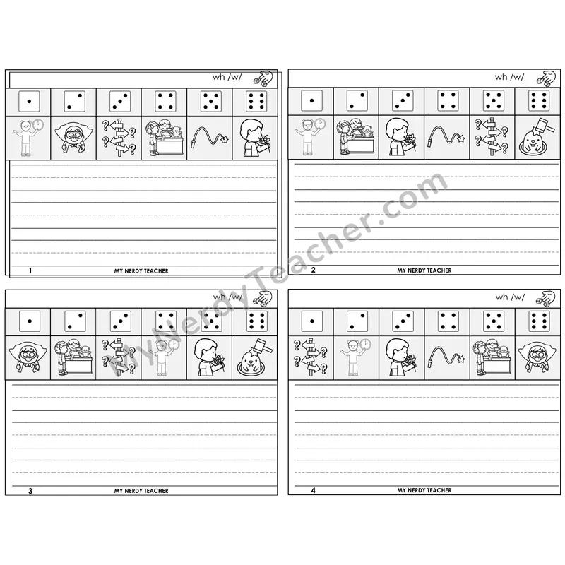 WH Digraph Roll Say and Write Task Cards — Decodable Sentences