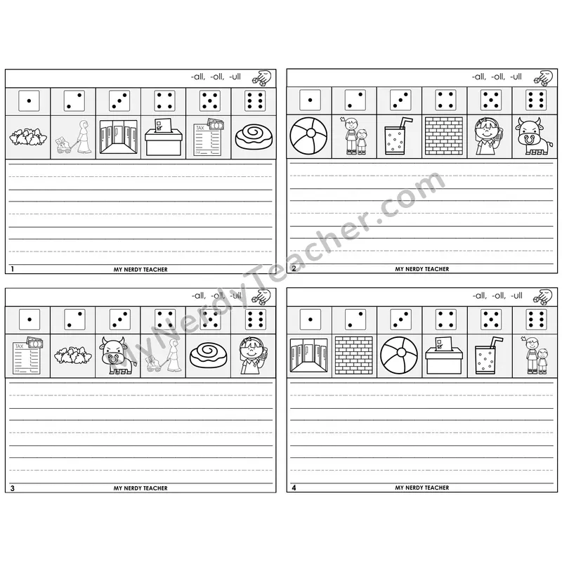 All, Oll, Ull Roll Say and Write Task Cards — Decodable Sentences
