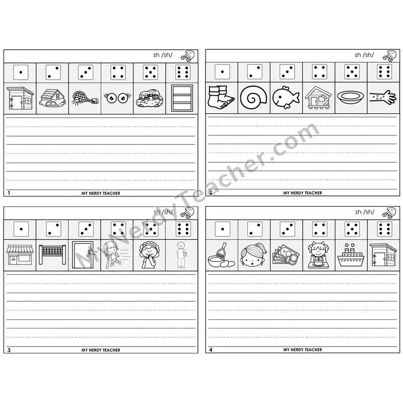 SH Digraph Roll Say and Write Task Cards — Decodable Sentences