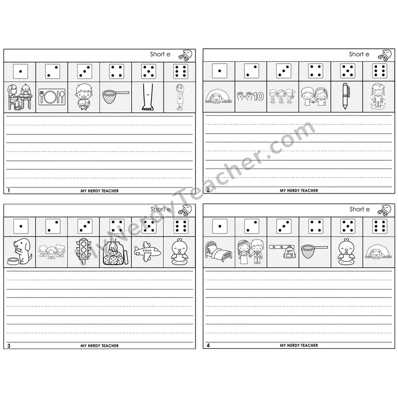 Short E Roll Say and Write Task Cards — Decodable Sentences