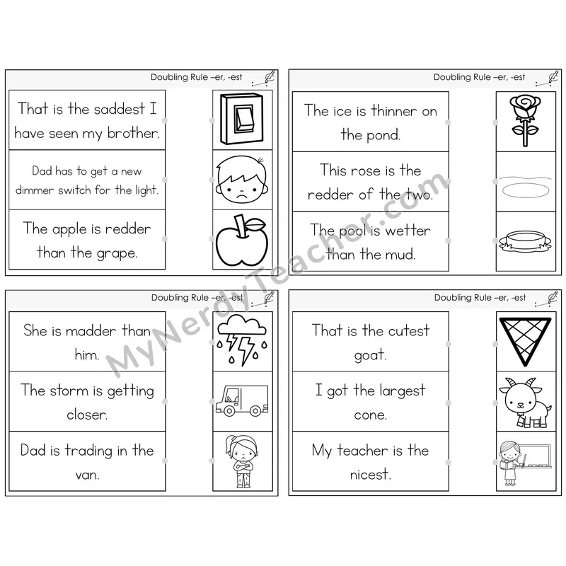 Doubling Rule -er, -est Read and Match Picture Task Cards — Decodable Sentences